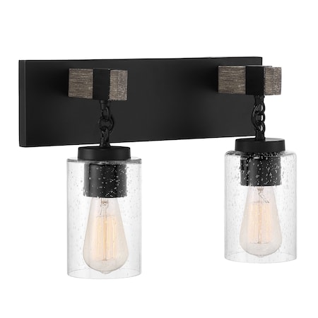 Designers Fountain Fulton 15.5in 2-Light Matte Black Industrial Indoor Vanity Light with Clear Seedy Glass Shades D202M-2B-MB